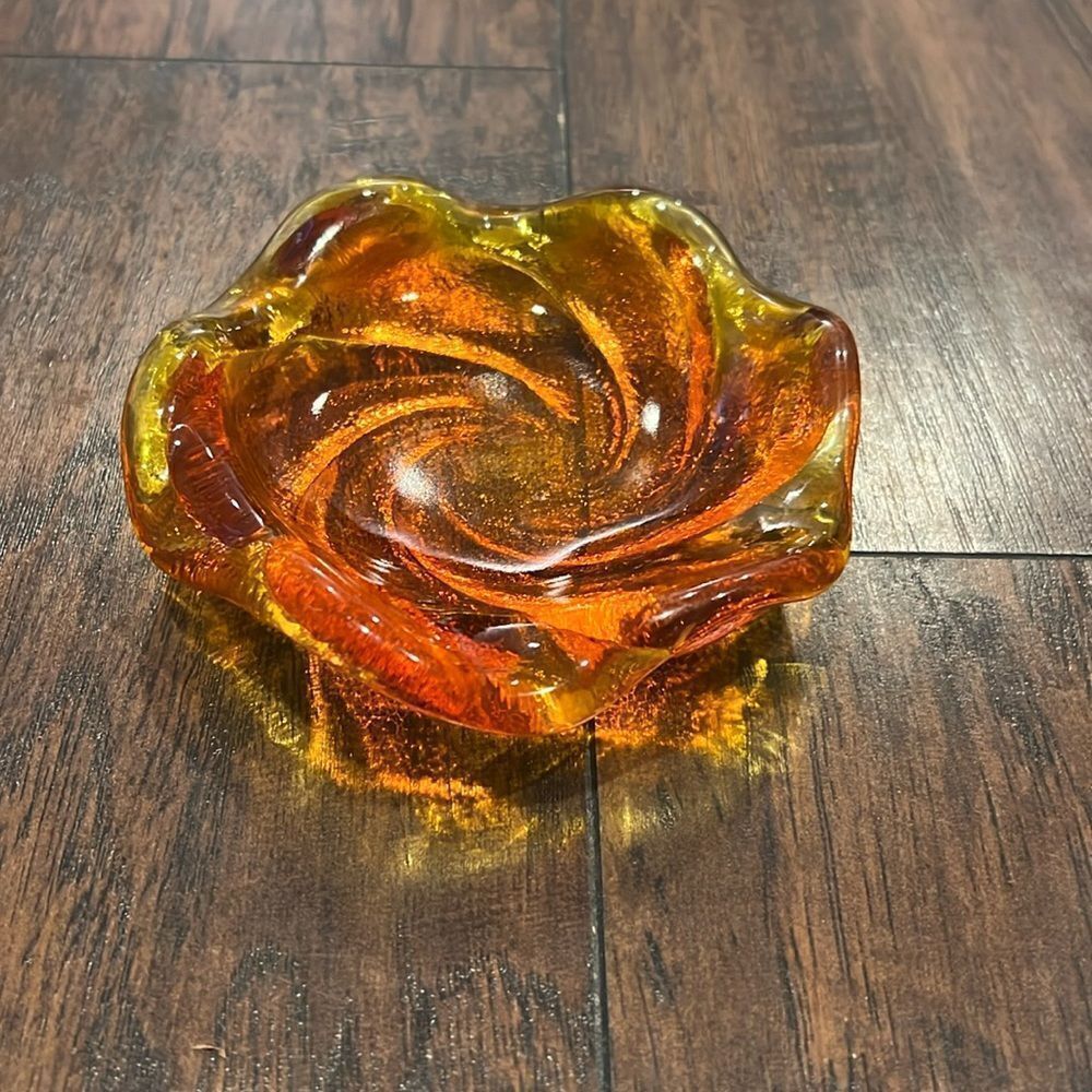 Vintage MCM Amberina Swirl Art Glass Ashtray Candy Trinket Dish